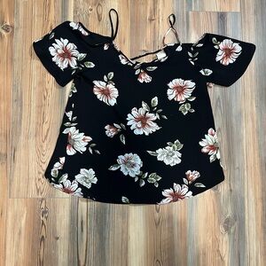 Kaileigh Black Floral Blouse with White and Pink Accents